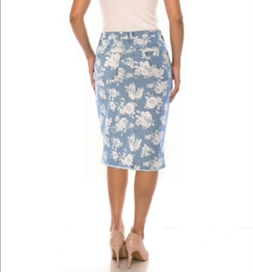 🌸 Be-Girl Floral Stretch Denim Midi Skirt
