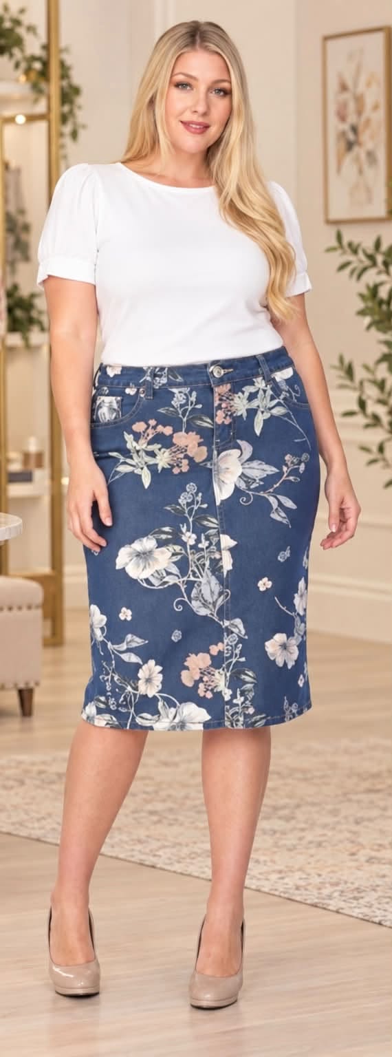 🌸 Be-Girl Floral Stretch Denim Skirt
