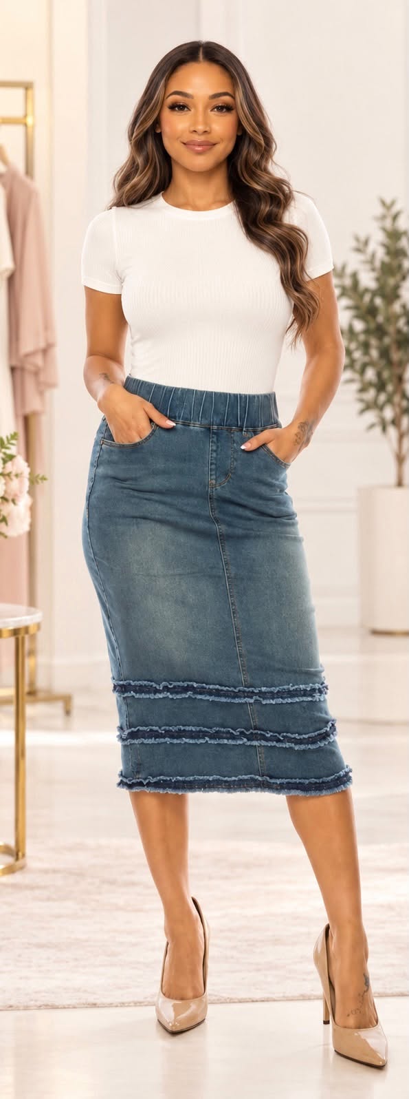 Be-Girl Stretch Denim Calf-Length Pencil Skirt