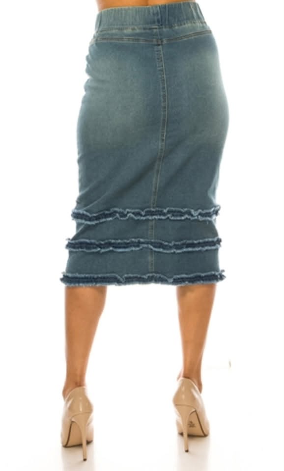 Be-Girl Stretch Denim Calf-Length Pencil Skirt