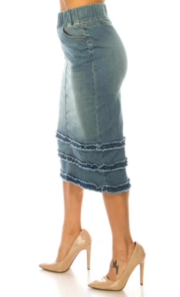 Be-Girl Stretch Denim Calf-Length Pencil Skirt